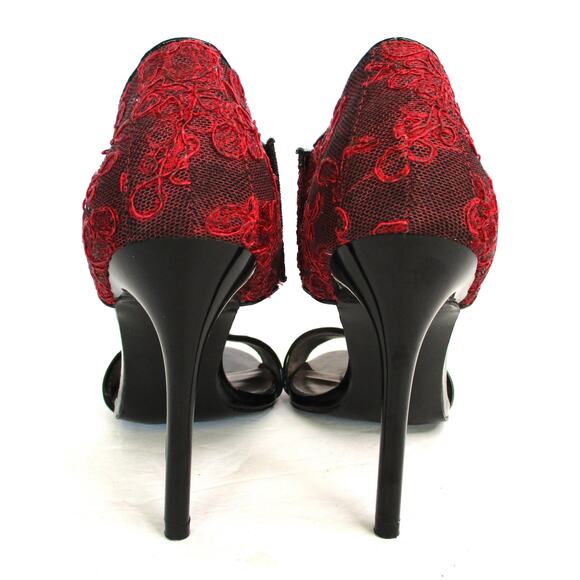 CARLOS SANTANA Red/Black Brocade Fabric Ankle Strap Stiletto Heel Sandals Sz 7 - Picture 11 of 12